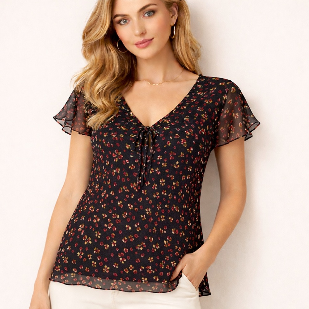 Silkland Floral Silk Chiffon Tie-Front Top Sheer Flutter Sleeves Sz L